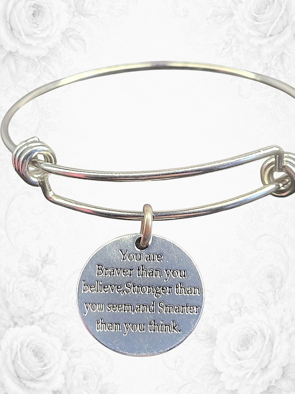 CCBFY Inspirational Silver Tone Engravable Bangle Bracelet You Are Braver Quote